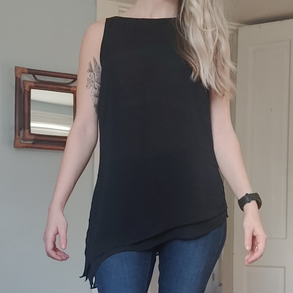 --**$$3/12$$**-- Asymmetrical Hem Black Tank Blouse